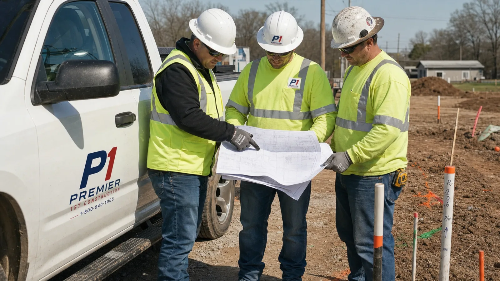 Premier 1st Construction crew in hard hats, safety glasses, high-visibility shirts, and boots reviewing engineering plans beside a branded Premier truck
