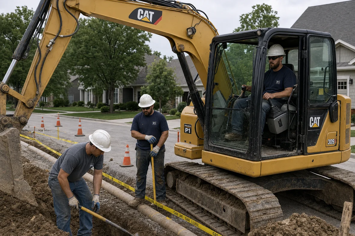 Premier 1st Construction gas division crew working beside a branded track hoe at a utility trench