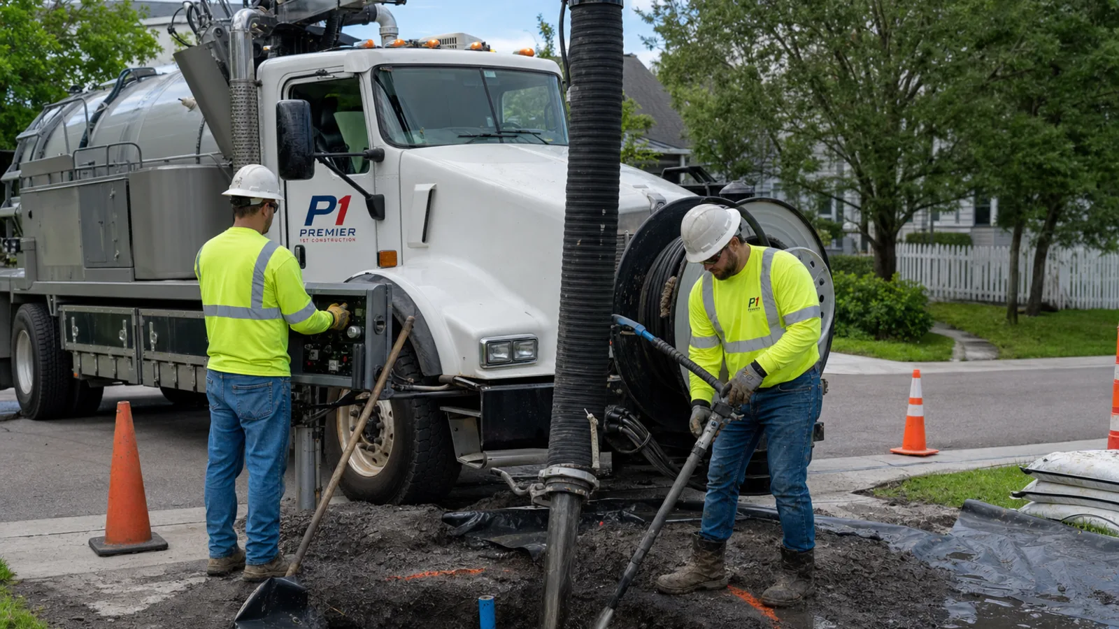 Premier 1st Construction hydro excavation crew in hard hats, safety glasses, high-visibility shirts, and boots operating a branded hydro vac truck