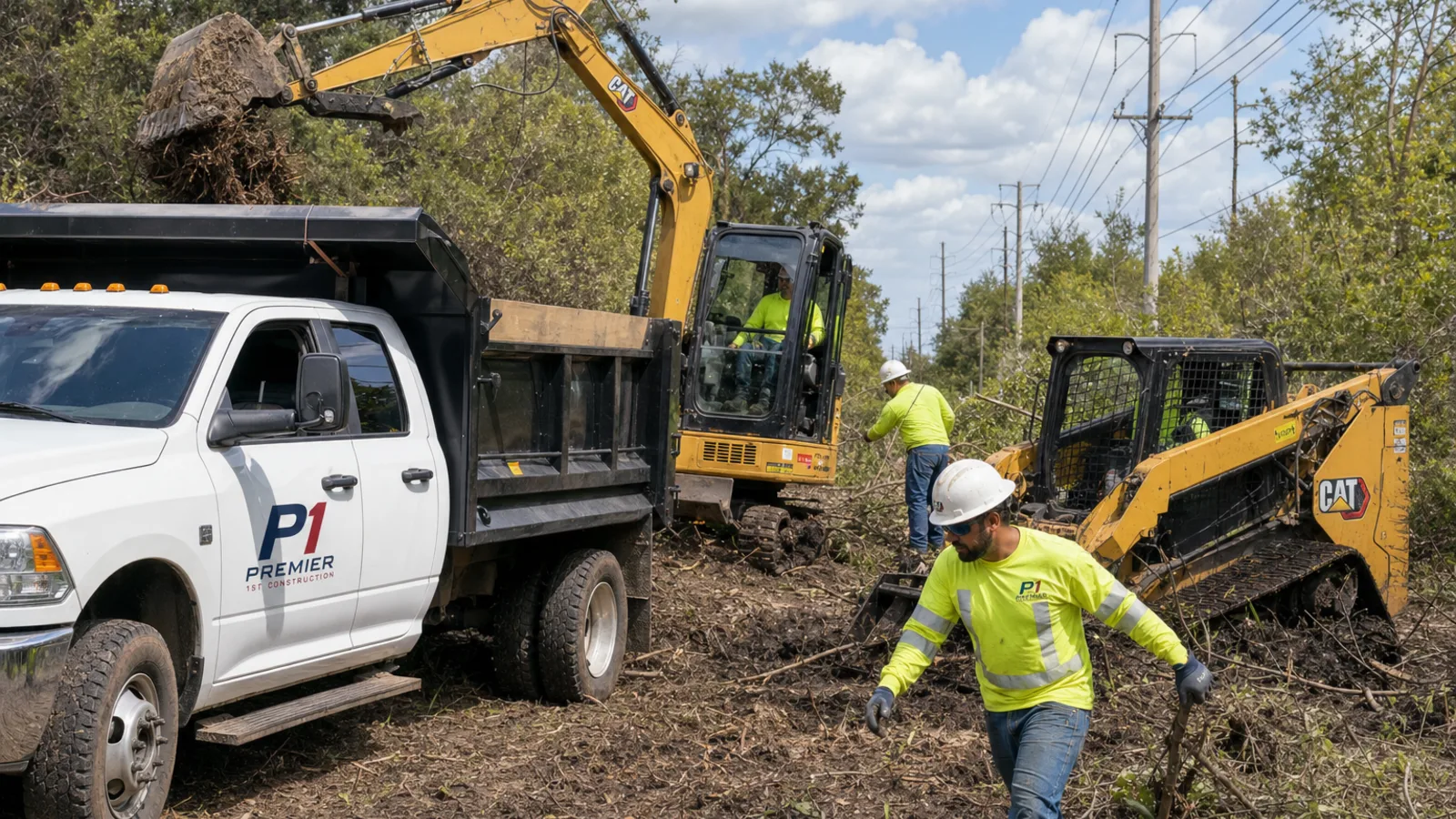 Premier 1st Construction land clearing crew in hard hats, safety glasses, high-visibility shirts, and boots working with CAT equipment and a branded Premier truck