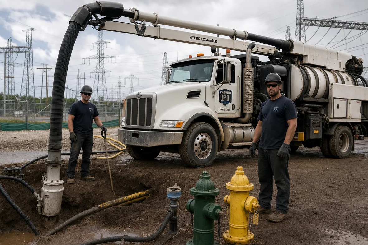 Premier 1st Construction utility support crew using a branded super vac truck near power infrastructure