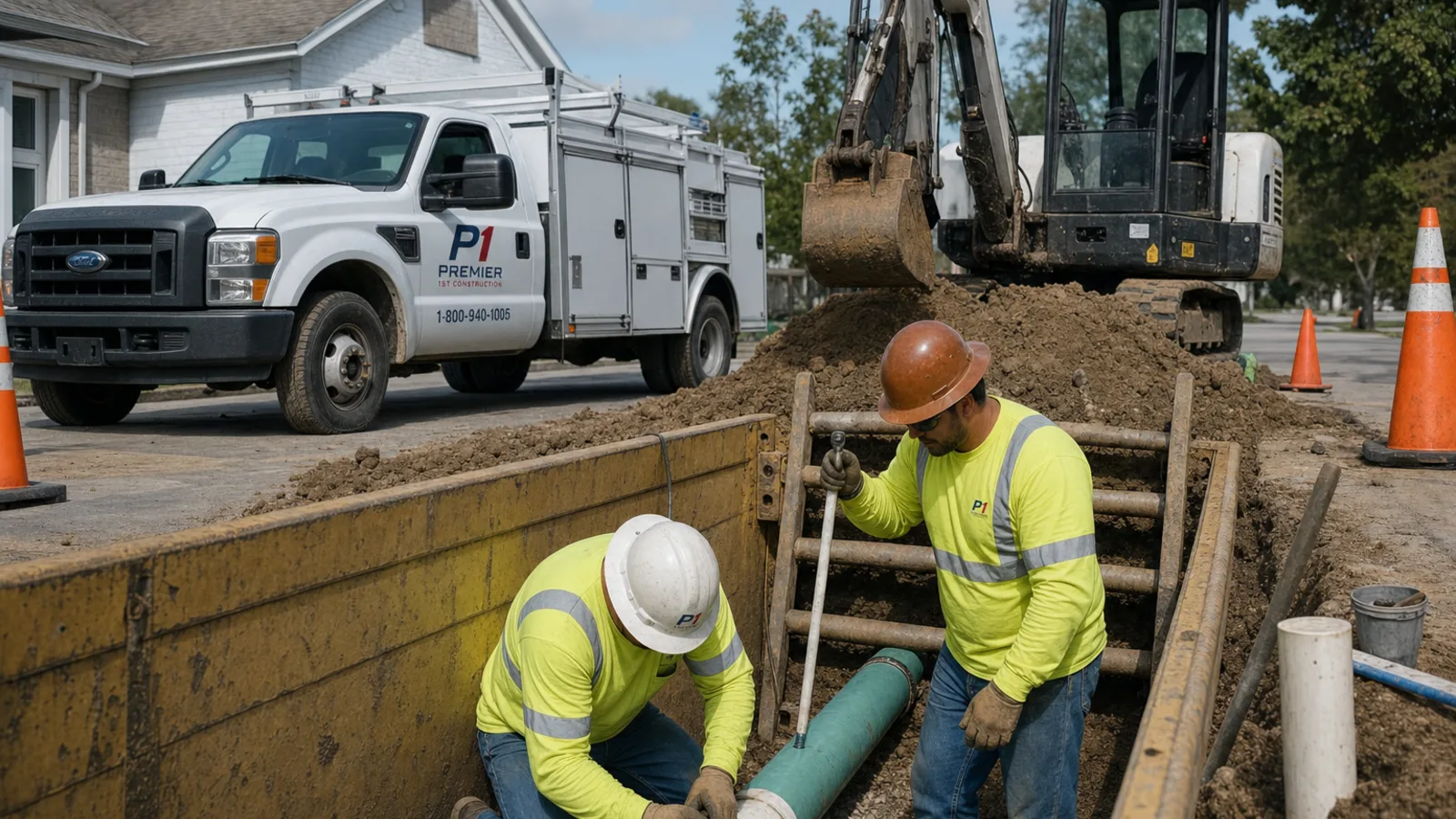Premier 1st Construction crew in hard hats, safety glasses, high-visibility shirts, and boots installing sewer and water lines beside a branded Premier truck