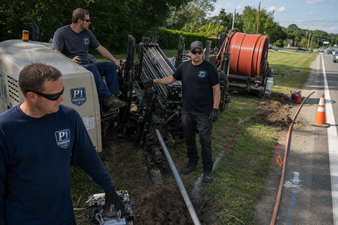 Premier 1st Construction telecom crew installing underground conduit with a directional boring rig